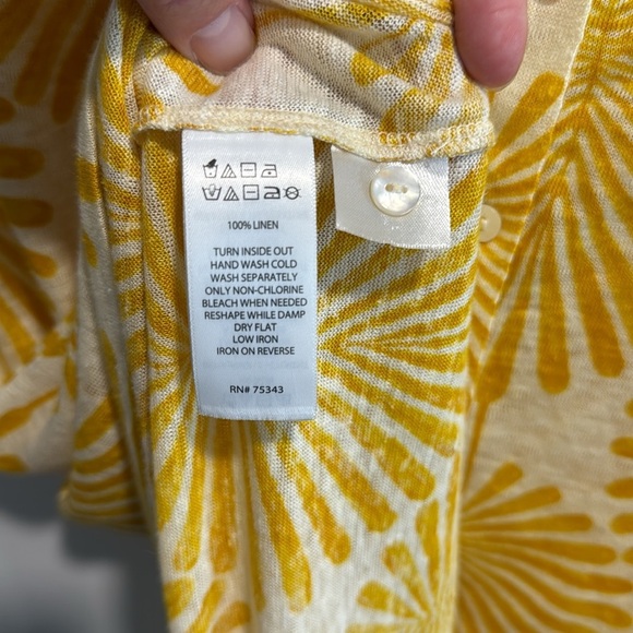 Joie Yellow Leaf Print 100% Linen Short Sleeve Button Back Mother of Pearl - Picture 6 of 6